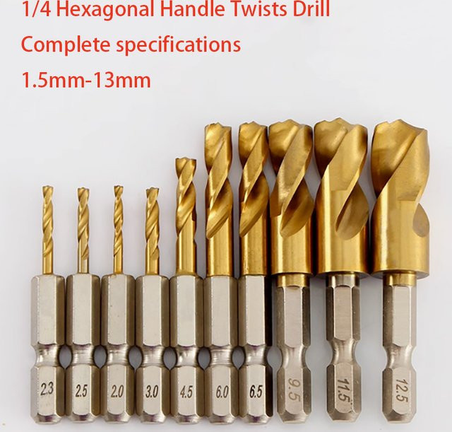 HSS-Bohrer-Set aus Schnellarbeitsstahl mit Titanbeschichtung in Gold, 1/4 Sechskantschaft, Spiralbohrer-Set mit Durchmessern von 1,5 mm bis 13 mm - Bild 1