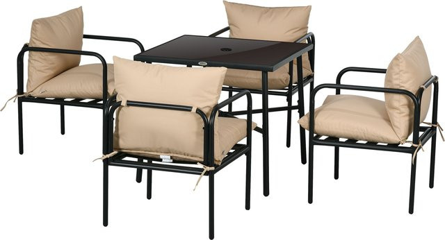 Outsunny Gartenmöbel-Set aus Stahl in Schwarz mit 1 quadratischem Esstisch aus Glas und 4 Stühlen inklusive 4 Kissen - Bild 1