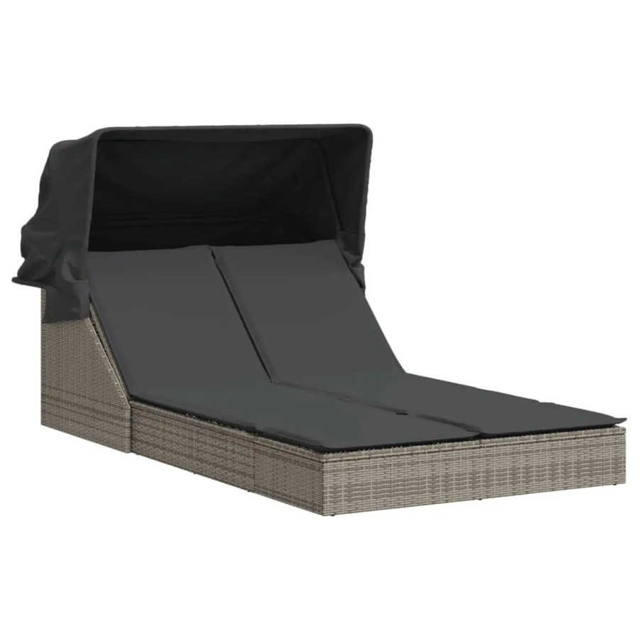 vidaXL Doppel-Sonnenliege aus grauem PE-Rattan mit Sonnendach und Auflagen, B/T/H: 236 x 110 x 110 cm - Bild 2