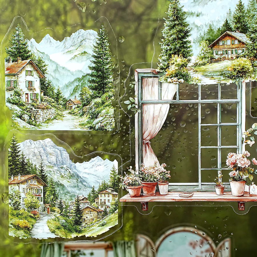 Etori Life Mountain Window Foggy Landscape Vintage Muster Haustieraufkleber, Basteldekoration - Bild 5
