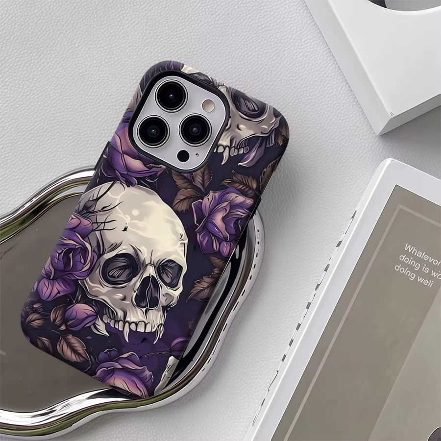 Handyhülle mit Totenköpfen und lila Rosen für iPhone 11 bis iPhone 17 Pro Max Plus, doppelschichtige Rückseite, lila/mehrfarbig - Bild 5