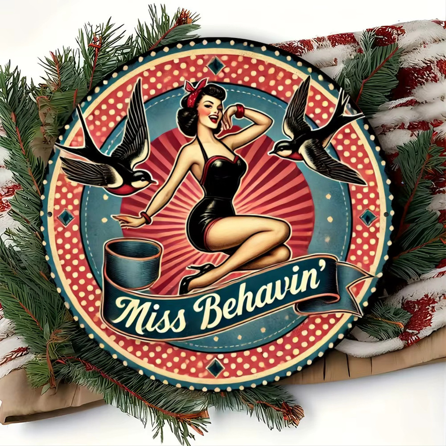 CIFBUY Bettie Page Retro Pinup Girl Rockabilly Rundes Metallschild, Durchmesser: 20,3 cm, Mehrfarbig - Bild 3