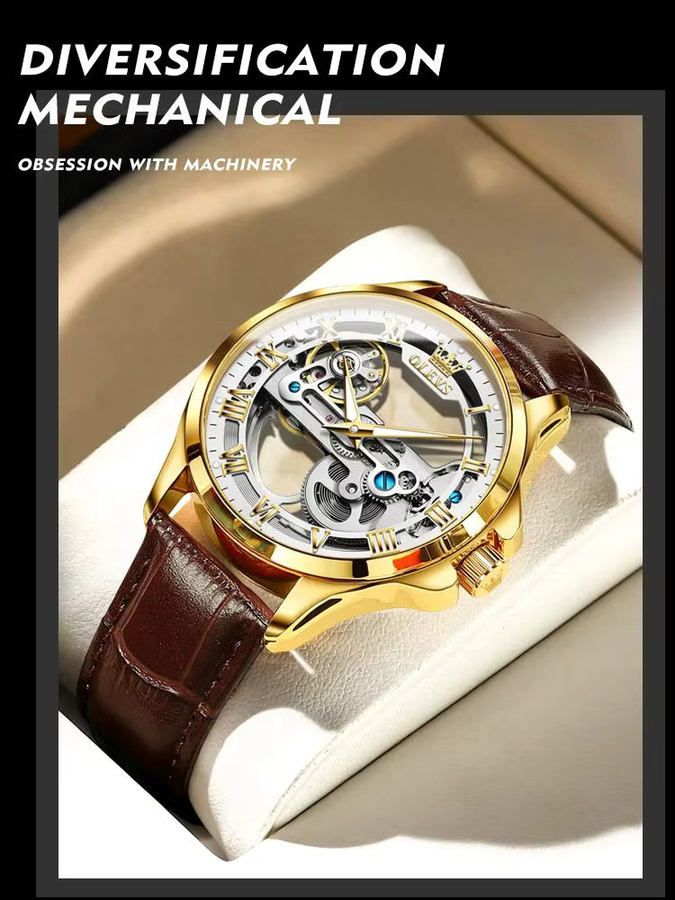 OLEVS Armbanduhr, Automatik, Skeleton Hollow, Leder, Herren - Bild 7
