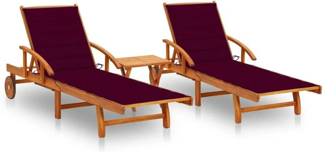 vidaXL Sonnenliegen Set aus Massivholz Akazie mit Tisch und Auflagen in Weinrot - Bild 1