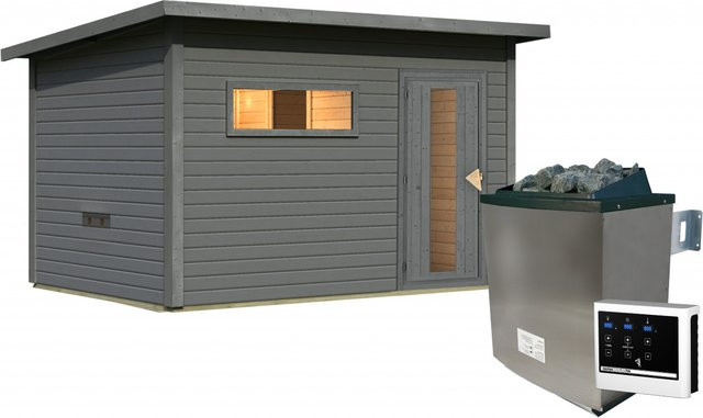Karibu Saunahaus HYTTI 6 aus Fichte in Terragrau mit 9.0 kW Ofen und Steuergerät, B/T/H: 396 x 231 x 210 cm - Bild 1