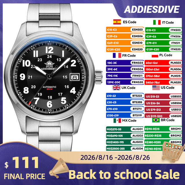ADDIESDIVE Automatik-Armbanduhr, Edelstahl, Saphirglas, Schwarz, Herren - Bild 1