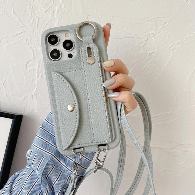 Lederhülle mit Crossbody Lanyard und Kartenhalter für Apple iPhone 13 12 15 14 11 Pro XS Max X XR 7 8 Plus in Grau - Bild 1