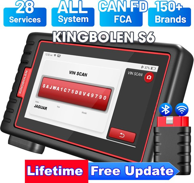 Kingbolen S6 OBD2 Scanner Bluetooth Diagnosegerät für alle Systeme mit CAN FD und FCA Unterstützung, Codeleser mit 28+ Wartungsfunktionen für SAS, BMS und TPMS in Schwarz - Bild 1