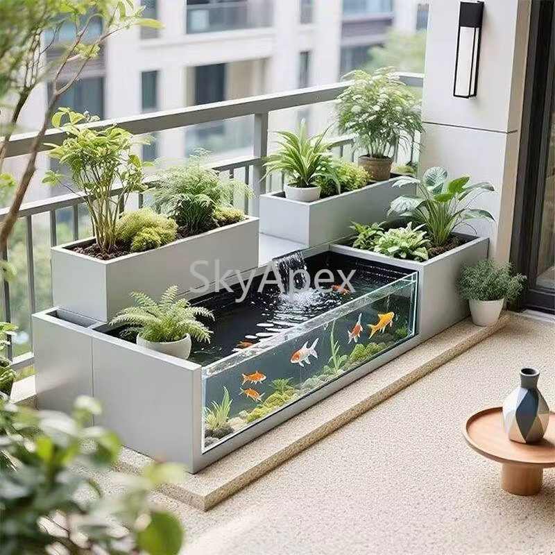 Modernes Wasserfall-Aquarium mit Blumen-Design aus Metall und Acryl in Grau, B/T/H: 140 x 60 x 50 cm - Bild 2