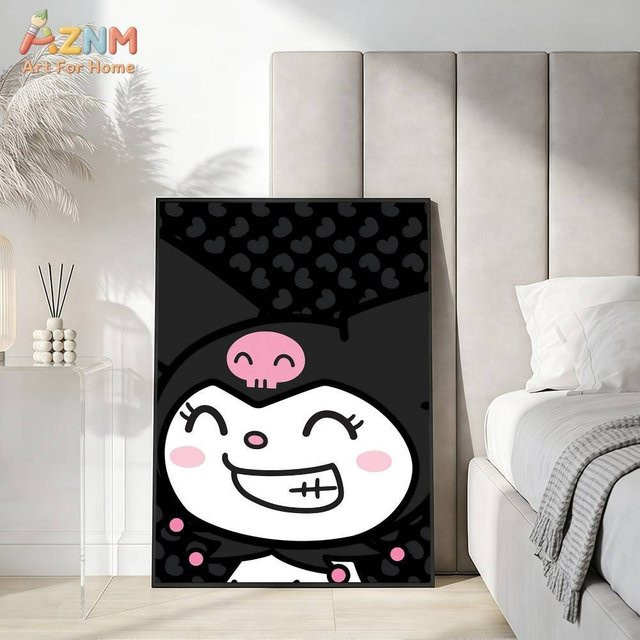 AZNM Kuromi Sanrio Leinwand-Wandkunst, Kawaii Cartoon-Charakter mit schwarzem Herz-Schädel-Motiv, ungerahmtes Leinwandgemälde in Schwarz und Multicolour - Bild 1