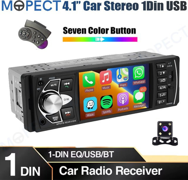 MOPECT Single 1 DIN Autoradio mit 4,1 Zoll Touchscreen, Bluetooth, Freisprechfunktion, USB, AUX, TF und Kamera in Schwarz mit 7 Farben - Bild 1