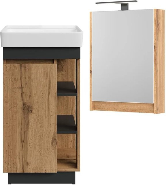 Planetmöbel Badmöbel Set NYX mit Waschbecken und LED Spiegelschrank in Wotan Eiche Anthrazit, Breite: 45 cm - Bild 1