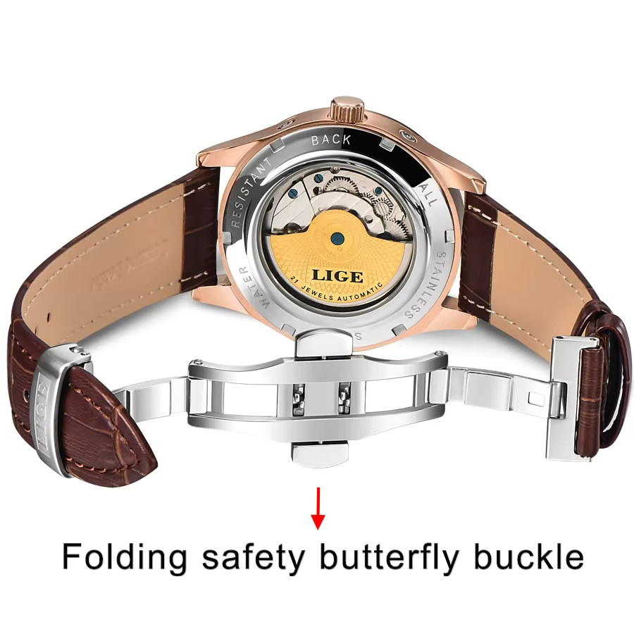 LIGE Armbanduhr Automatik, Leder, Roségold, Herren - Bild 6