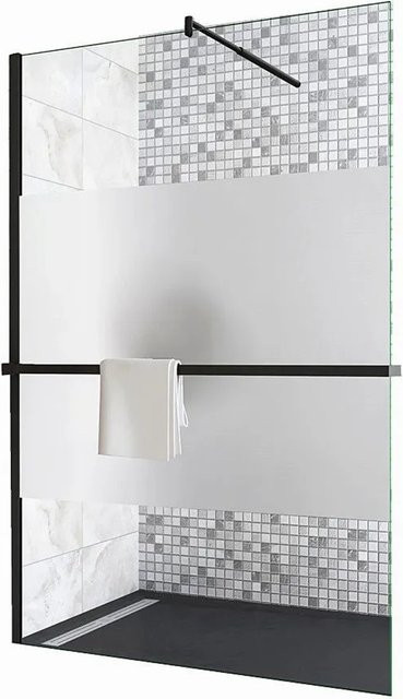 Duschparadies Walk-in Duschwand aus 8mm Nano-Glas mit Milchglasstreifen und Duschregal, Schwarz, B: 80 cm, H: 200 cm - Bild 1