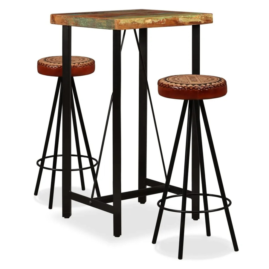 vidaXL 3-tlg Bar-Set im Industrial Design aus Massivholz und Leder in Braun und Schwarz - Bild 2
