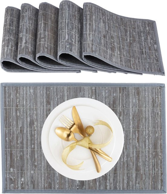 6er Set Relaxdays Tischsets aus Bambus in Grau, rutschhemmend, B: 45 cm, T: 30 cm - Bild 1
