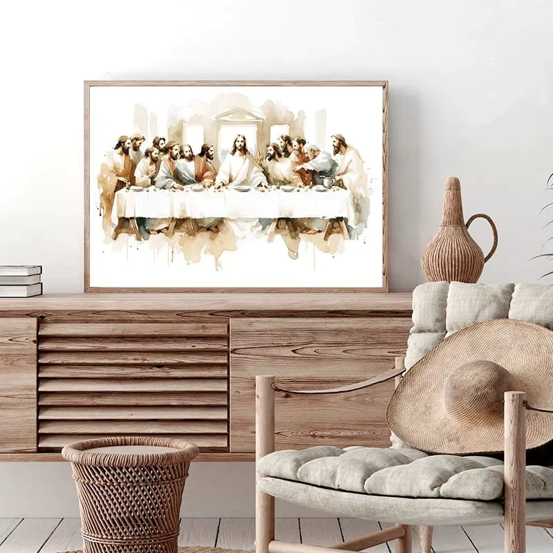 Christliche Leinwandmalerei Aquarell Jesus mit Kindern und das letzte Abendmahl als Wandkunst Poster in Mehrfarbig - Bild 2