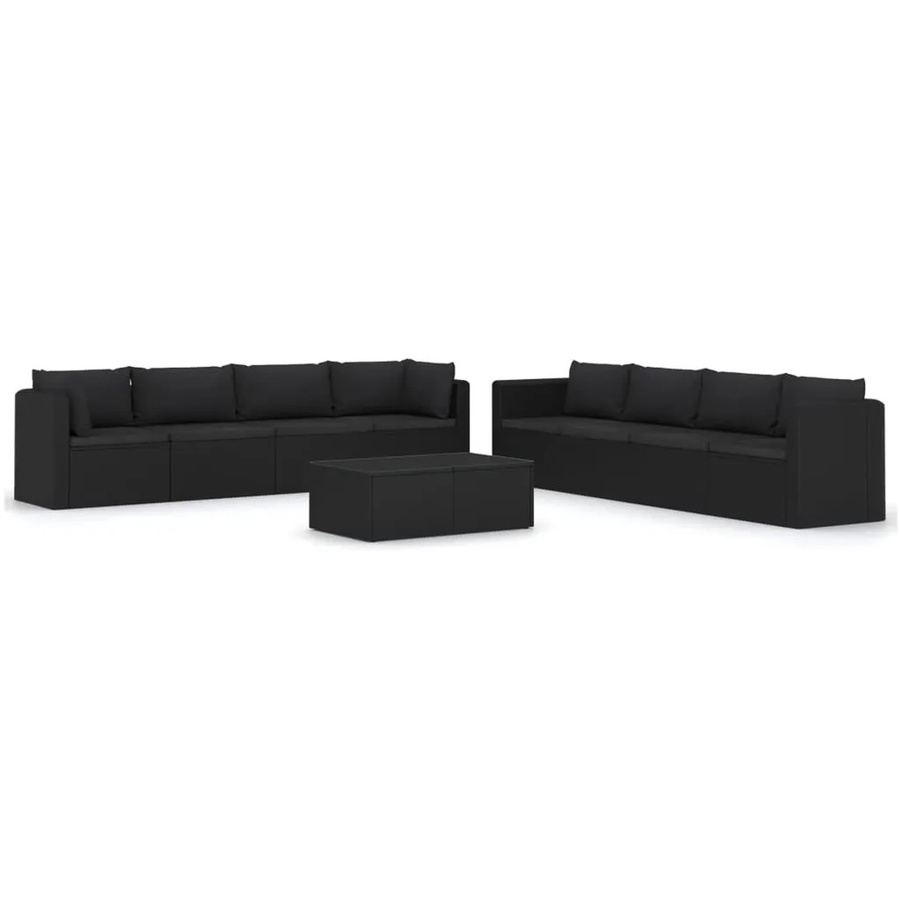 vidaXL 9-tlg Garten-Lounge-Set in U-Form aus Poly Rattan und pulverbeschichtetem Stahl in Schwarz mit Kissen und Kaffeetisch mit Glasplatte - Bild 2