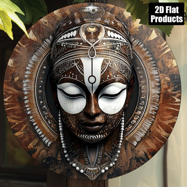 Potdemiel Afrikanische Masken-Wandkunst aus Metall mit Kauri-Muscheln und Perlen, rundes Stammesgesicht, B/H: 20,32 x 20,32 cm - Bild 1