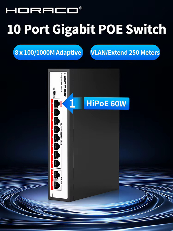 HORACO 10-Port Gigabit PoE-Switch mit 120 W Leistung für IP-Kameras und NVR, Schwarz - Bild 7