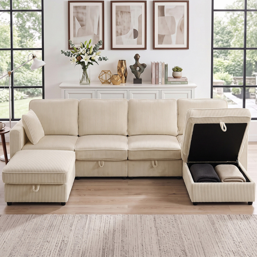 HOMCOM Modulares U-Ecksofa 4-Sitzer mit 2 Aufbewahrungs-Poufs aus Cordvelours in Creme, Breite: 306 cm - Bild 2