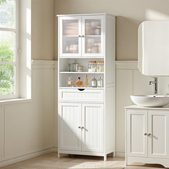 VASAGLE Badezimmerschrank in Weiß mit verstellbaren Ablagen, Türen und offenen Fächern im modernen Design - Bild 1