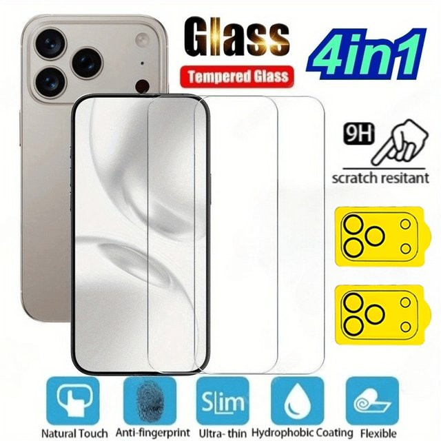 4-in-1 HD Displayschutzfolien mit 2 Kameraobjektivschutz für iPhone 11 bis 17 Pro Max und Plus Modelle, transparent, Luftglas-Technologie - Bild 1