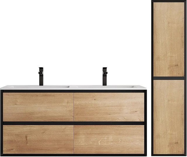 Vente-unique Badmöbel-Set Lannick in Schwarz und Naturfarben mit Einbauwaschbecken, Säule, 4 Schubladen und 2 Regalen, Breite: 120 cm, Tiefe: 45,5 cm, Höhe: 55 cm - Bild 1