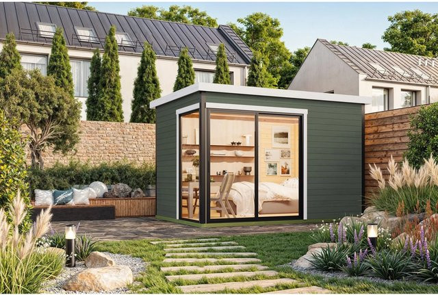 Lasita Blockbohlenhaus Austin Gartenhaus mit Flachdach in Grau-Grün lasiert B/H/T: 360 x 239,4 x 240 cm - Bild 1
