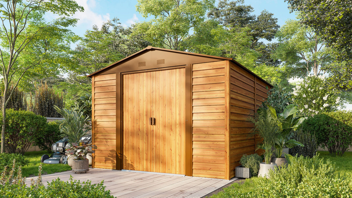 Pergart Gerätehaus Frankfurt II 911 in Hellbraun mit Blockhausoptik, B/T/H: 278 x 323 x 215 cm - Bild 2
