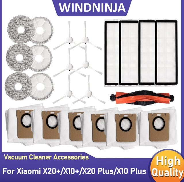 WINDNINJA Zubehör Set für Xiaomi Roboter Vakuum X20 Plus X10 Plus mit Staubbeuteln, Mopptüchern, Seitenbürsten und HEPA-Filtern in Weiß - Bild 1