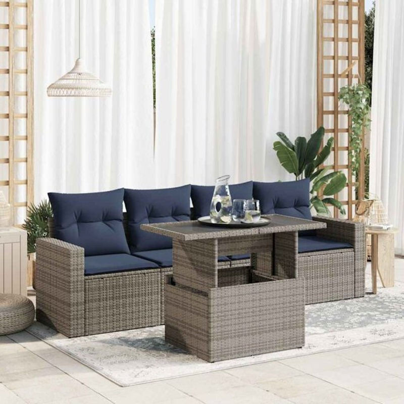 5-tlg. Garten-Sofagarnitur aus Polyrattan und Akazienholz mit Kissen in Grau von vidaxl - Bild 1