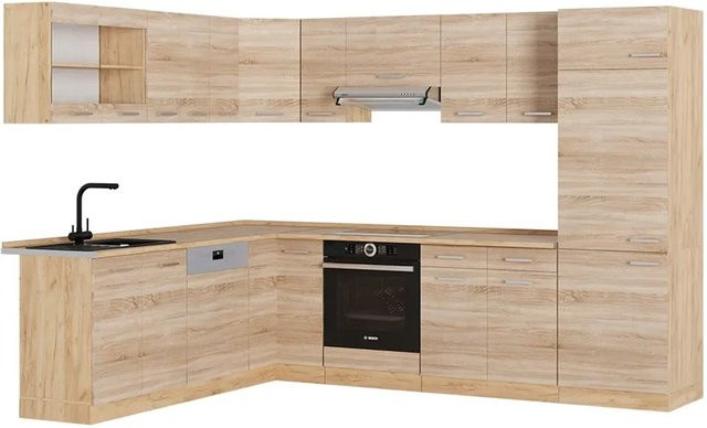 Vicco R-Line Eckküche Sonoma/Goldkraft Eiche, moderne Einbauküche ohne Arbeitsplatte und Elektrogeräte, B/T/H: 227 x 287 cm - Bild 1