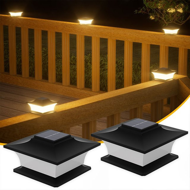 SHENZHITECH Solarbetriebene LED Säulenleuchte in Schwarz für Garten und Terrasse mit Dämmerungssensor und warmweißem Licht - Bild 1