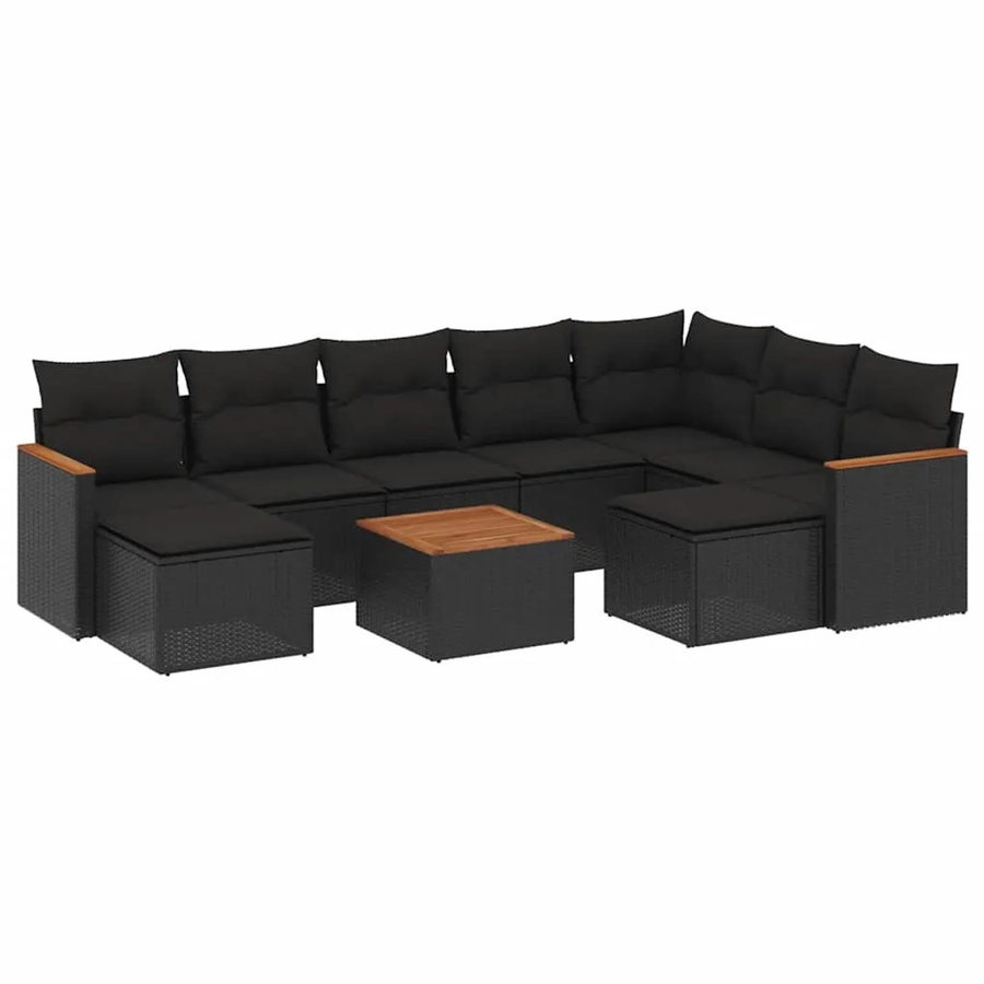vidaXL 10-tlg. Garten-Sofagarnitur in L-Form aus Poly-Rattan und Akazienholz mit Kissen in Schwarz - Bild 2