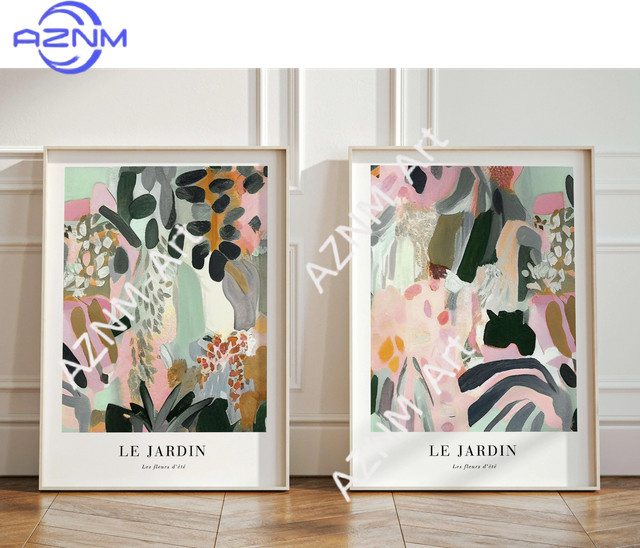 AZNM Wandkunst Le Jardin Botanische Abstrakte Malerei Blumenmarkt in Rosa und Grün als Paper Poster - Bild 1