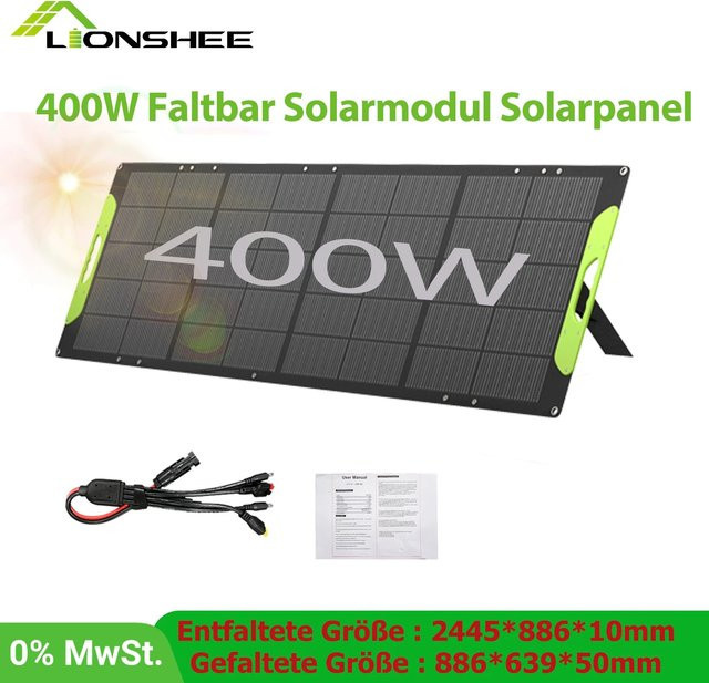 LIONSHEE 400W Faltbares Solarmodul Monokristallin in Schwarz mit ETFE, IP67 Wasserdicht und XT60, MC4 sowie DC5521 Steckern für Powerstation, Wohnmobil und Camping - Bild 1