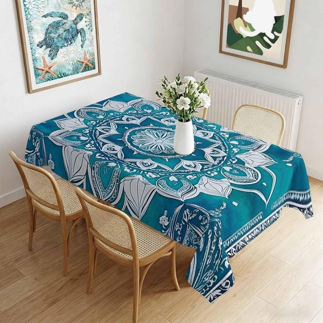 Rechteckige Tischdecke JINGYUE Pet mit Boho Mandala Blumen Design in Türkis, wasserabweisend und waschbar, B/T: 140 x 140 cm - Bild 1