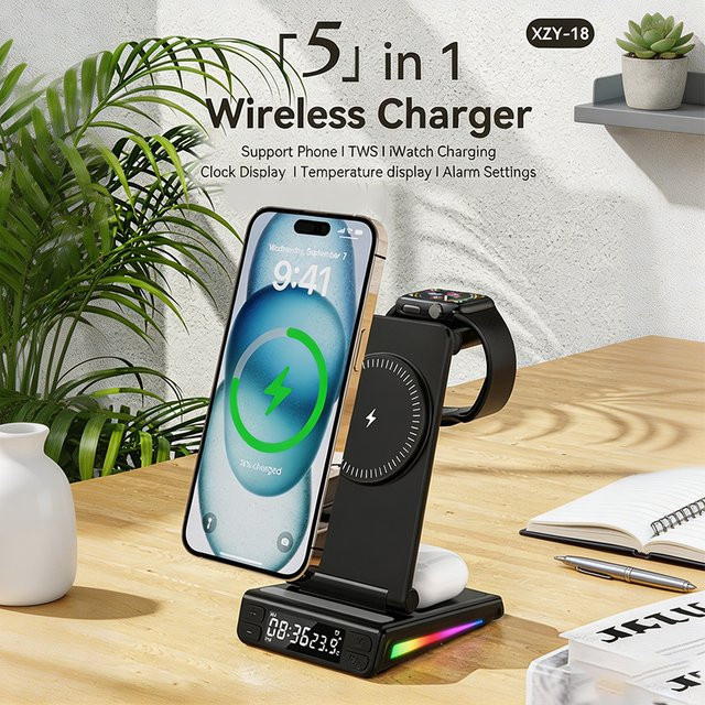 LYNXZ 5-in-1 Faltbares Kabelloses Ladegerät mit Wecker, Temperaturanzeige und RGB-Licht, 15W Magnetisches Schnellladegerät für iPhone 12-17 und iWatch, Schwarz - Bild 1