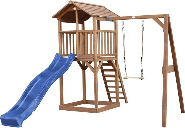Axi Beach Tower Spielturm mit Einzelschaukel Braun und Blauer Rutsche - Bild 1