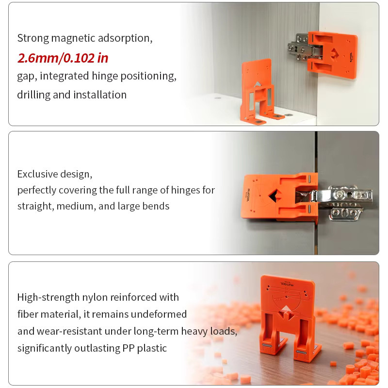 RUITOOL Magnetischer Scharnier-Lokalisierer in Orange aus Kunststoff für Schrank-Scharnier Installationen mit Bohrleitfaden für gerade, mittlere und große Kurven - Bild 4