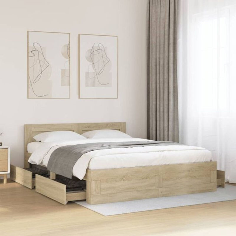Vidaxl Bettgestell mit Kopfteil in Sonoma-Eiche Natur aus Holzwerkstoff, B/T/H: 150 x 200 cm - Bild 1