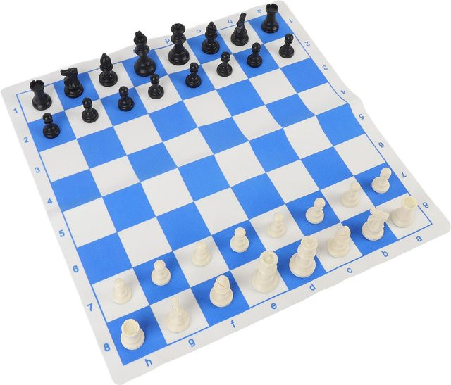 Fishine Schachset, Blau und Weiß, Aufrollbares PU-Schachbrett, 75mm Schachfiguren aus Kunststoff, mit Filzunterlage - Bild 1