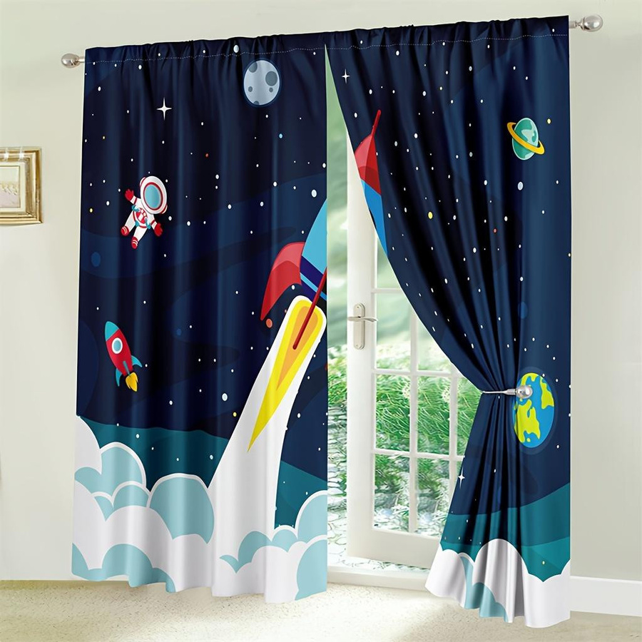 2er-Set Cartoon Raketenvorhänge für Kinder mit Galaxie-Astronauten-Motiv, Blau, Breite: 150 cm, Höhe: 166 cm - Bild 3
