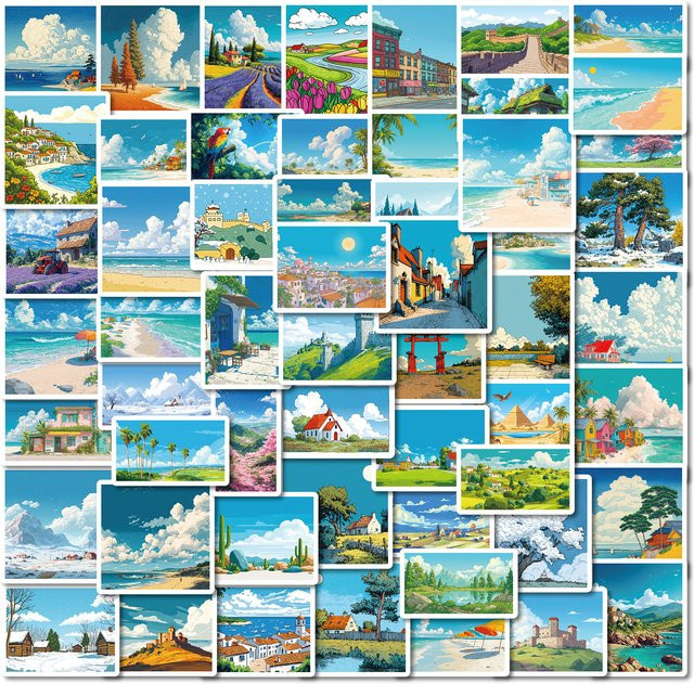 56 Stück Cartoon Aufkleber mit blauem Himmel und Wolken in Naturlandschaft für Schulbedarf, Notebook und Telefon, mehrfarbig - Bild 1