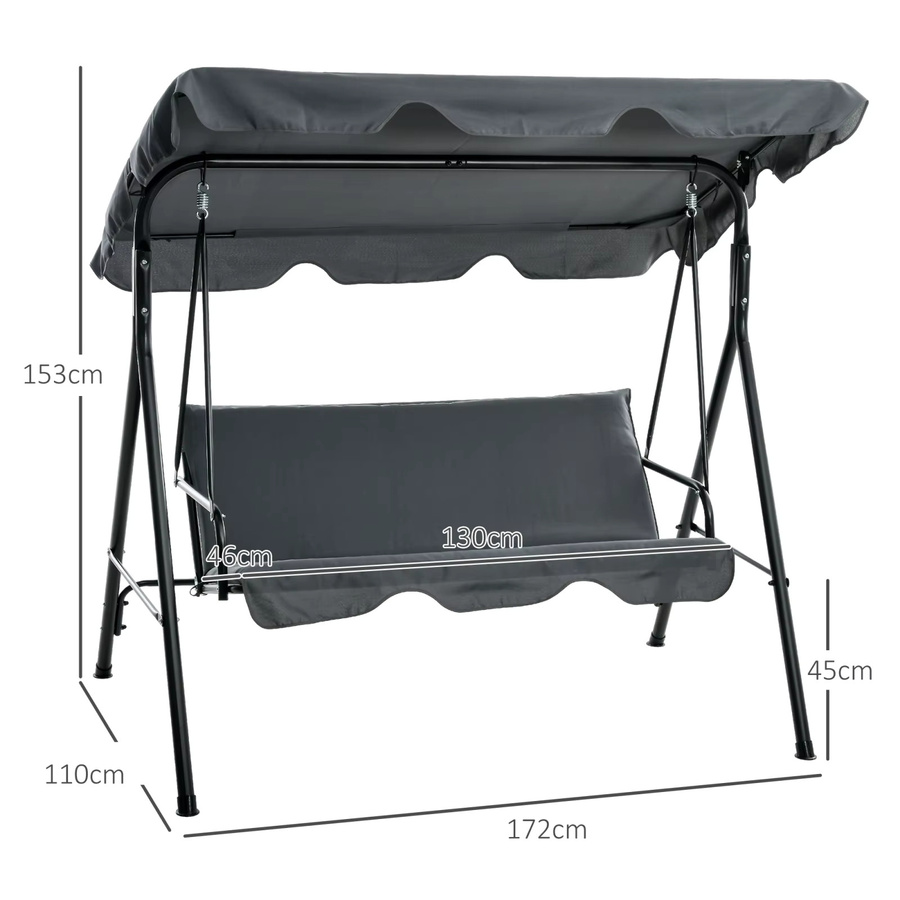 Rosahqnda Hollywood-Schaukel 3-Sitzer mit Sitzkissen und verstellbarem Sonnenschutz in Grau, B/T/H: 172 x 110 x 153 cm - Bild 4