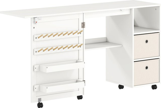 HOMCOM Klappbarer Nähtisch mit 6 Rollen in Weiß, Nähschrank mit 18 Garnhaltern, 2 Stoffschubladen, 3 Fächern und Steckdosen für dein Atelier oder Wohnzimmer - Bild 1