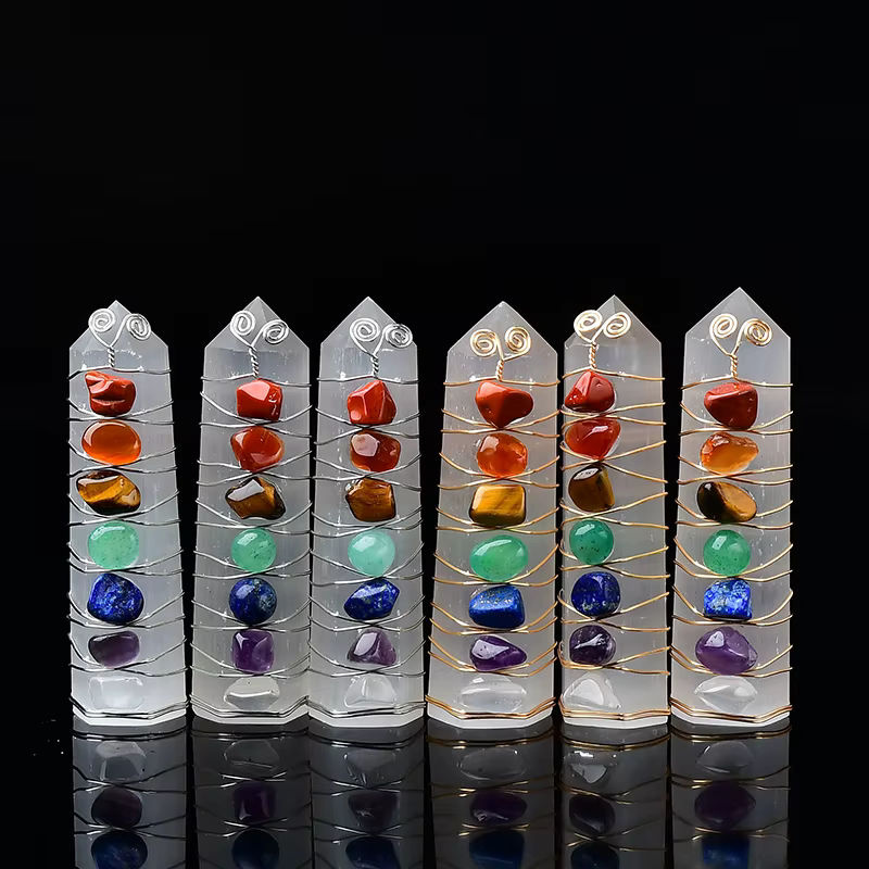 RYCRYSTAL Natürlicher Selenit Obelisk als Sieben Chakren Heilstein und Quarz Zauberstab Turm Ornament in Weiß und Gold - Bild 2
