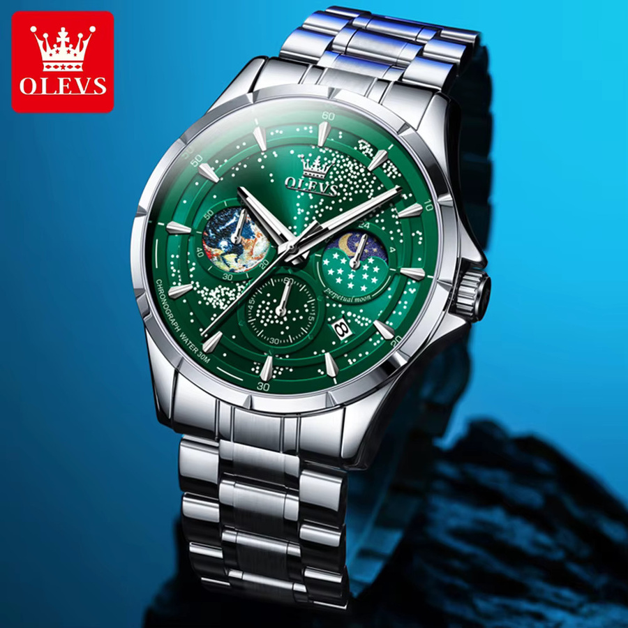 OLEVS Armbanduhr Chronograph, Quarz, Edelstahl, Grün, Herren - Bild 2