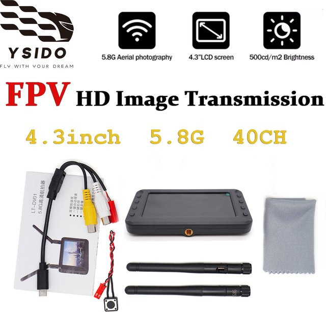YSIDO 4,3 Zoll FPV HD-Display mit 5,8G 40CH DVR-Aufnahme und Dual-Antennen-Bildübertragung für RC Drohnen und Multicopter in Schwarz - Bild 1